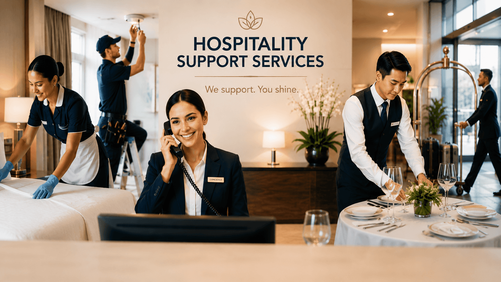 Professional hospitality support team in a modern hotel, featuring a concierge, housekeeper, maintenance technician, banquet server, and bellman delivering high-quality hotel staffing and guest support services.